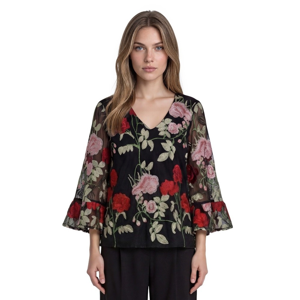 ECI New York Blouse Women's Size Small Black Red Floral Mesh Bell Sleeve Top